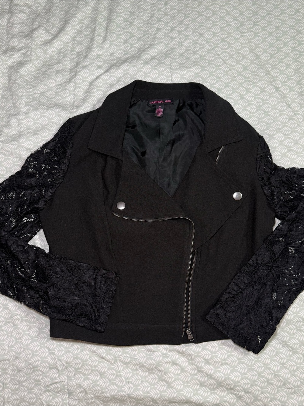 Material Girl Black Lace-Sleeve Moto Jacket with Silver Hardware